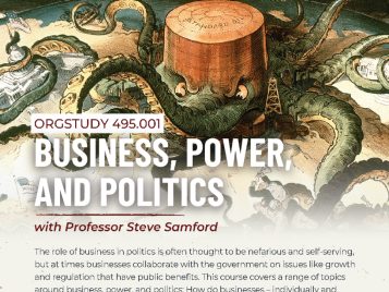 Poster for "ORGSTUDY 495.001: Business, Power, and Politics with Professor Steve Samford." Features a vintage illustration of an octopus labeled "Standard Oil" with its tentacles wrapped around various buildings and regions, symbolizing corporate influence. Course and contact details for Steve Samford (ssamford@umich.edu) appear at the bottom, alongside departmental address. Announcement that information about time and location is forthcoming.
